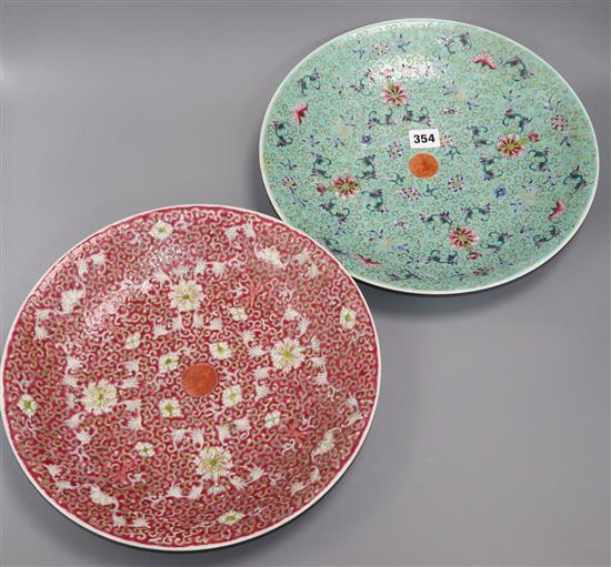 Two Chinese turquoise and pink ground dishes